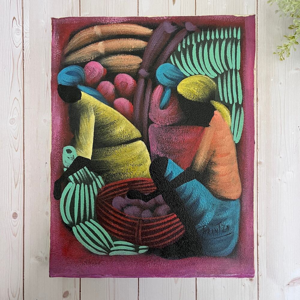 Original Haitian Folk Art on Canvas Bright Vibrant Market Stylized Signed VTG